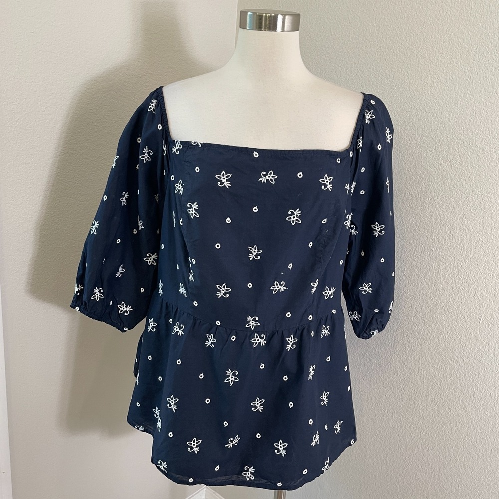 LANE BRYANT Womens Plus 18 Embroidered Top Blouse Square Neck Short Sleeve Shirt